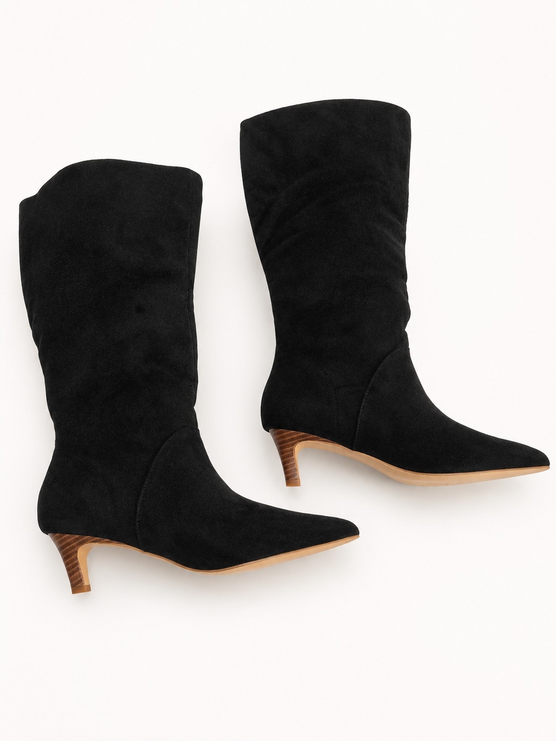 Women's Black Suede Mid-Calf Pointed-Toe Kitten Heel Boots